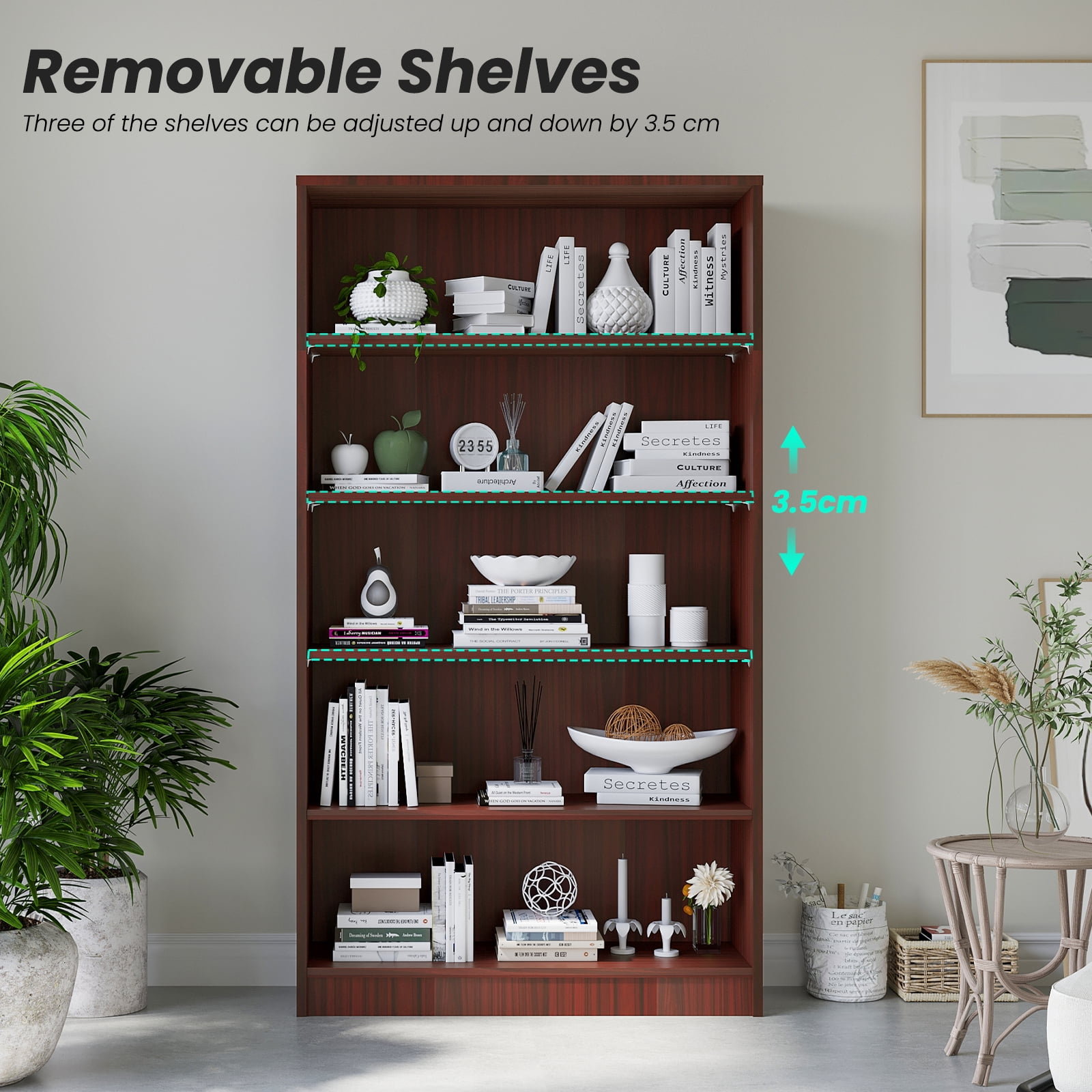 STARY 5 Tiers Bookcase, Wooden Bookcase with Adjustable Shelves for Home, Office, Cherry