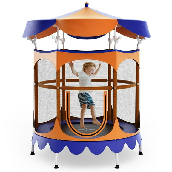Resenkos Kids Trampoline, Outdoor Jumper,64" Kids Trampoline with Detachable Canopy and Safety Enclosure Net-Orange