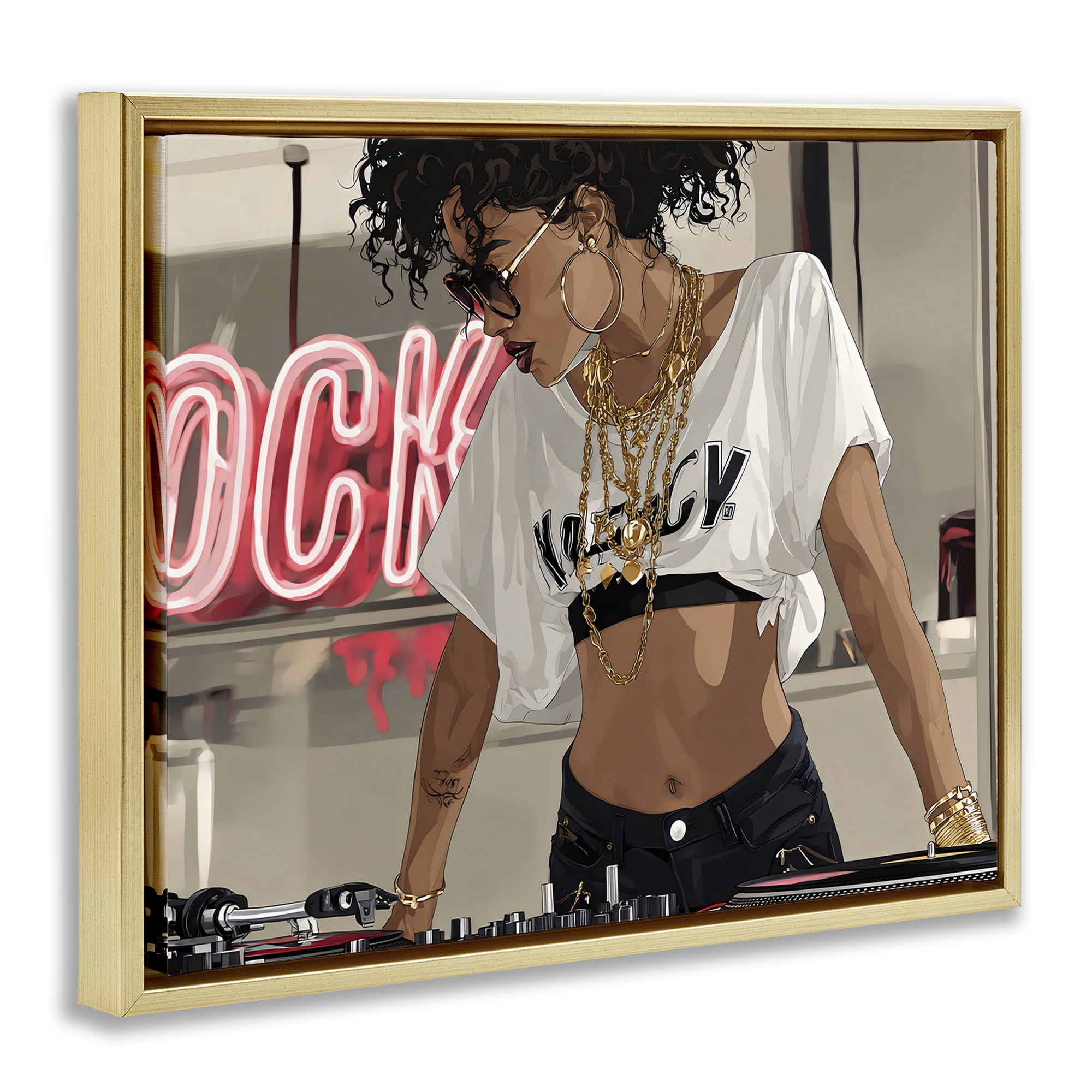 Stupell Industries Rock Neon DJ Music Gold Framed Floater Canvas Wall Art, design by Franklyn Gregory