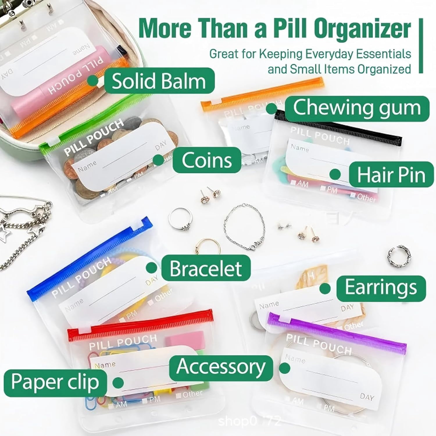 JEBTBFZE Waterproof Pill Organizer Set, Pill Pouches for Travel, with 14 Color-Pill Pouches, 7–14 Day Travel Pill Organizer, Portable Reusable Binder Design Zippered Pill Storage  (Pink)