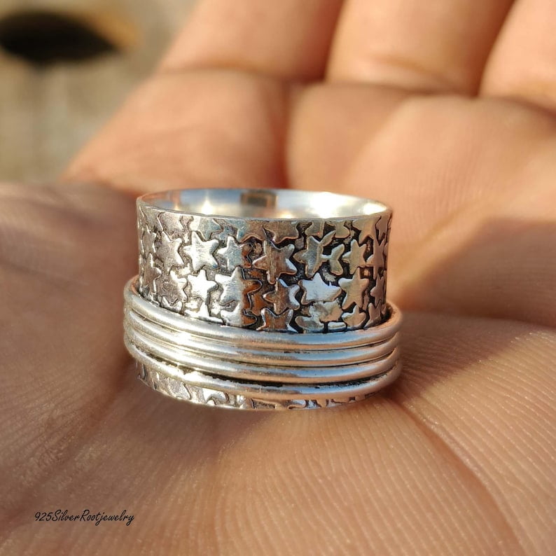 TRIDHA SILVER- Silver Spinner Ring - Celestial Star Anxiety Relief Band | 925 Sterling Silver Boho Wide Cosmic Jewelry Meditation Fidget Spinner