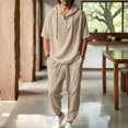 thumbnail image 2 of JUUYY Mens 2 Piece Linen Set Long Sleeve Button Down Casual Hoodie Shirt and Loose Jogger Pants Sets Beach Vacation Summer Outfits Khaki M, 2 of 9