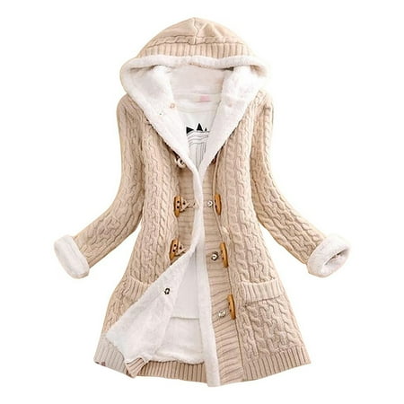 

Women Hooded Cardigans Thick Plush Lined Knitted Sweater Coat with Pockets Long Sleeve for Casual Daily Button Up Winter Outwear Hip Length XL Apricot