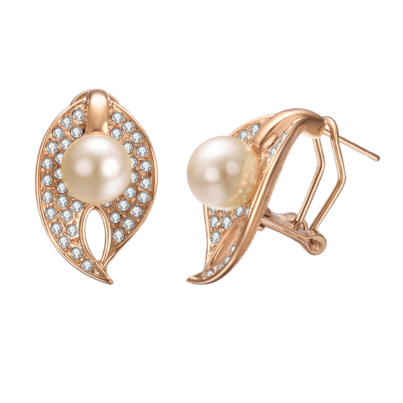Yoursfs Clip On Pearl Stud Earrings for Women Rose Gold Plated Large Studs Faux Ivory Pearl Earring with cubic zirconia Hypoallergenic Pierced Ears