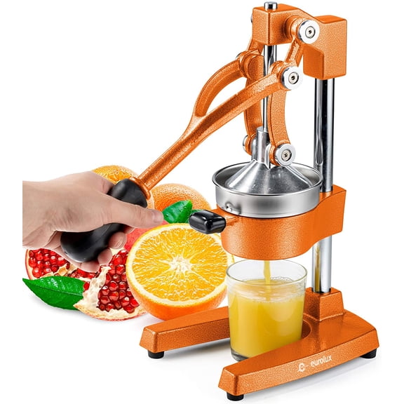 Eurolux Cast Iron Citrus Juicer | Commercial Grade Manual Hand Press | Countertop Squeezer for Fresh Fruit Juice (Bonus Stainless Steel Cup) (Orange)