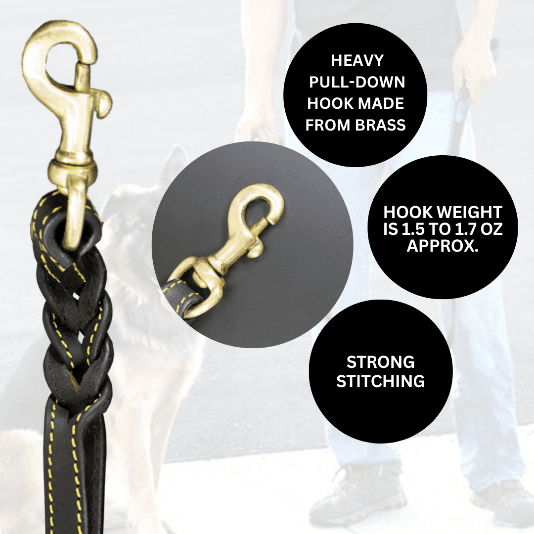 6 FT. Genuine Leather Dog Leash, 2 Handles, Extra Long Leash, Easy Control Black Leash
