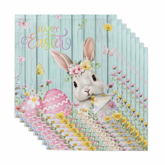 Turquoise Easter Cloth Napkins, Spring Easter Bunny Eggs Floral Wooden Washable and Reusable Dinner Napkins Set of 8, Table Napkin for Kitchen Party Birthday Wedding Hotel Housewarming 20"x20"