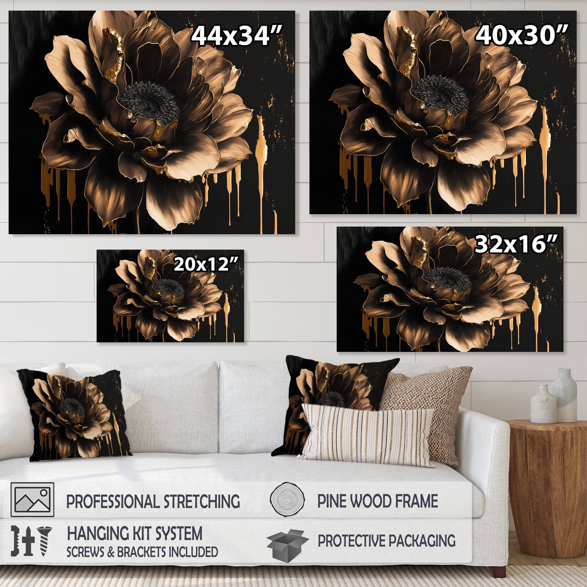 Designart Black And Gold Dahlia Canvas Wall Art