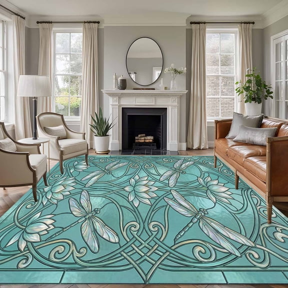 Teal Dragonfly Area Rugs 8'x10', Washable Small Throw Rugs for Living Room Patio, Vintage Geometric Glass Animal Flower Indoor Outdoor Rug Non-Slip Low Pile Carpet Runner Reversible Floor Mats