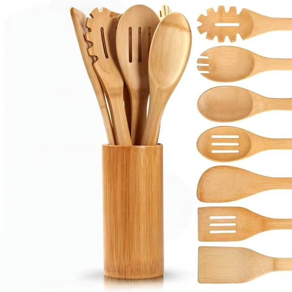 Homlyo 8 Pack Wooden Utensil Set with Holder, Natural Bamboo Cooking Utensils for Nonstick Cookware, Wooden Spoons, Spatulas & Cooking Tongs, Eco-Friendly Gift for Home Chefs