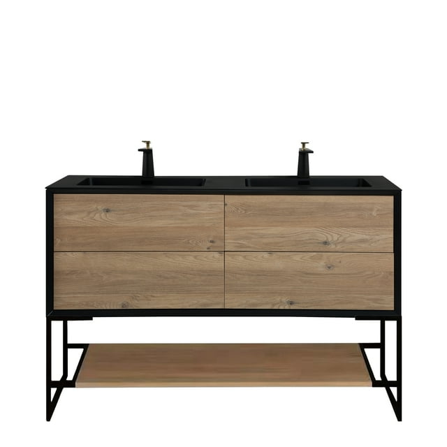 SERA 60" Fleur Bathroom Vanity Black and Rough Oak with Open Shelf and Metal Frame