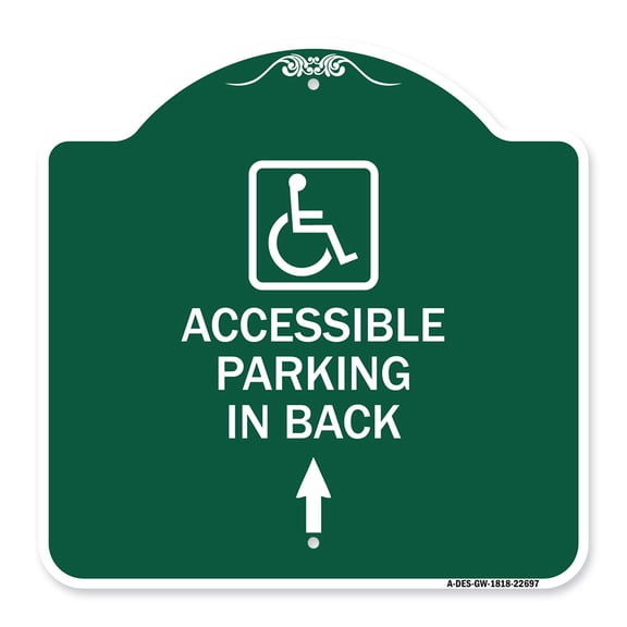 SignMission A-DES-GW-1818-22697 18 x 18 in. Designer Series Sign - With NY Approved ISA Symbol Accessible Parking on Up Arrow with Graphic, Green & White