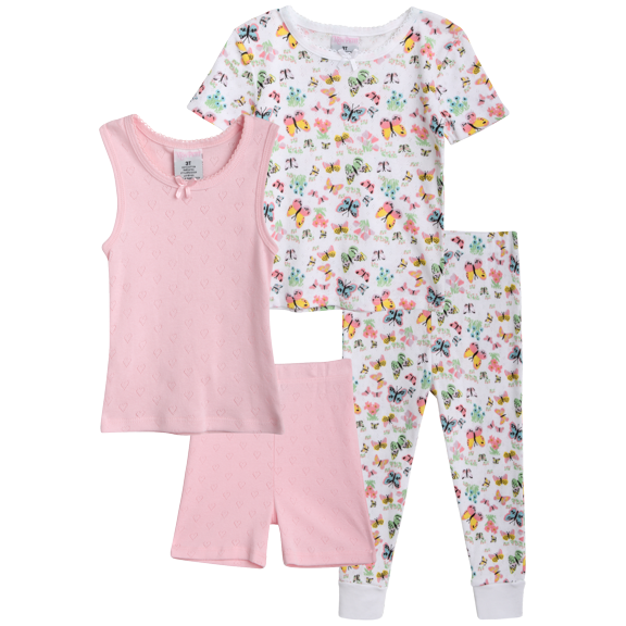 Mon Petit Baby Girls' Pajama Set - 4 Piece 100% Cotton Sleep Shirt, Tank Top, Lounge Pants, Shorts (12M-4T)