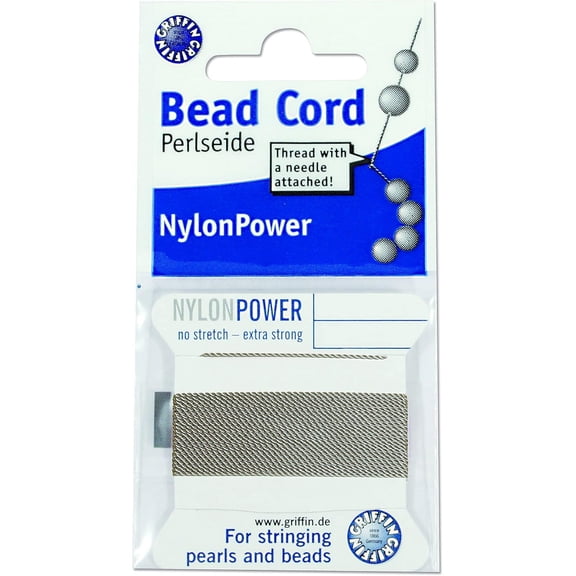 Griffin Nylon Bead Cord Perlseide - Grey Color - Size 4 (0.60mm) - 2 meters per card - Stainless Steel Needle Attached – For Knotting Pearls, Gemstones, Crystals and Beads
