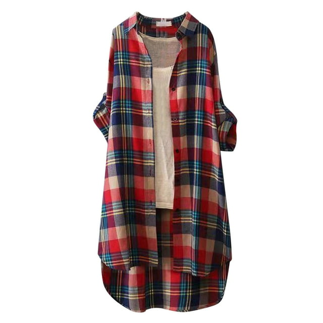 Kcodviy Spring and Summer New Womens Tops Raglan Sleeves European and American Mid Length Shirts for Women Loose Large Size Long Sleeved Sunscreen Plaid Outer Wear Temperament Commuting Shirts