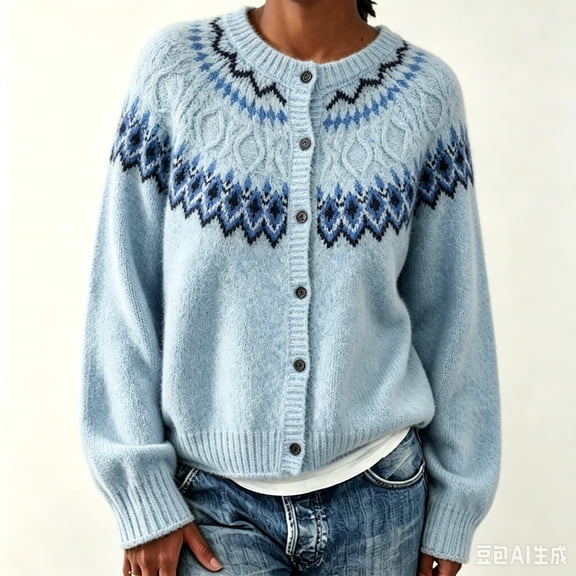 Women's Fair Isle Crew Neck Cardigan Sweater Button Down Snowflake Pattern Soft Knit Jacket Color Block Outerwear for Fall Winter