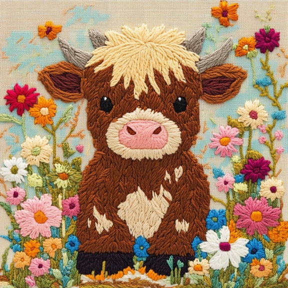 DIY Punch Needle Kits Little Highland Cow in Flowers Easy for Beginners Punch Needle Embroidery Set for Craft lovers with Printed Pattern and Hoop for Home Decor 20x20cm-8