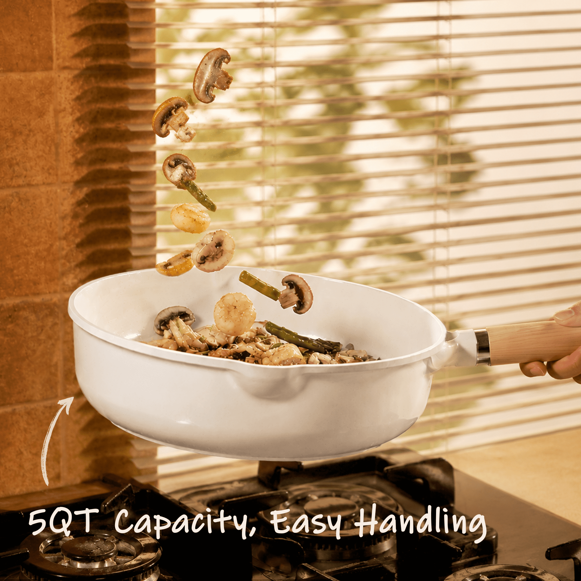 Carote 11" Ceramic Nonstick Saute Pan with Lid Cover Non-Stick Deep Frypan With Induction, Bon Appetit, White Granite, 5QT