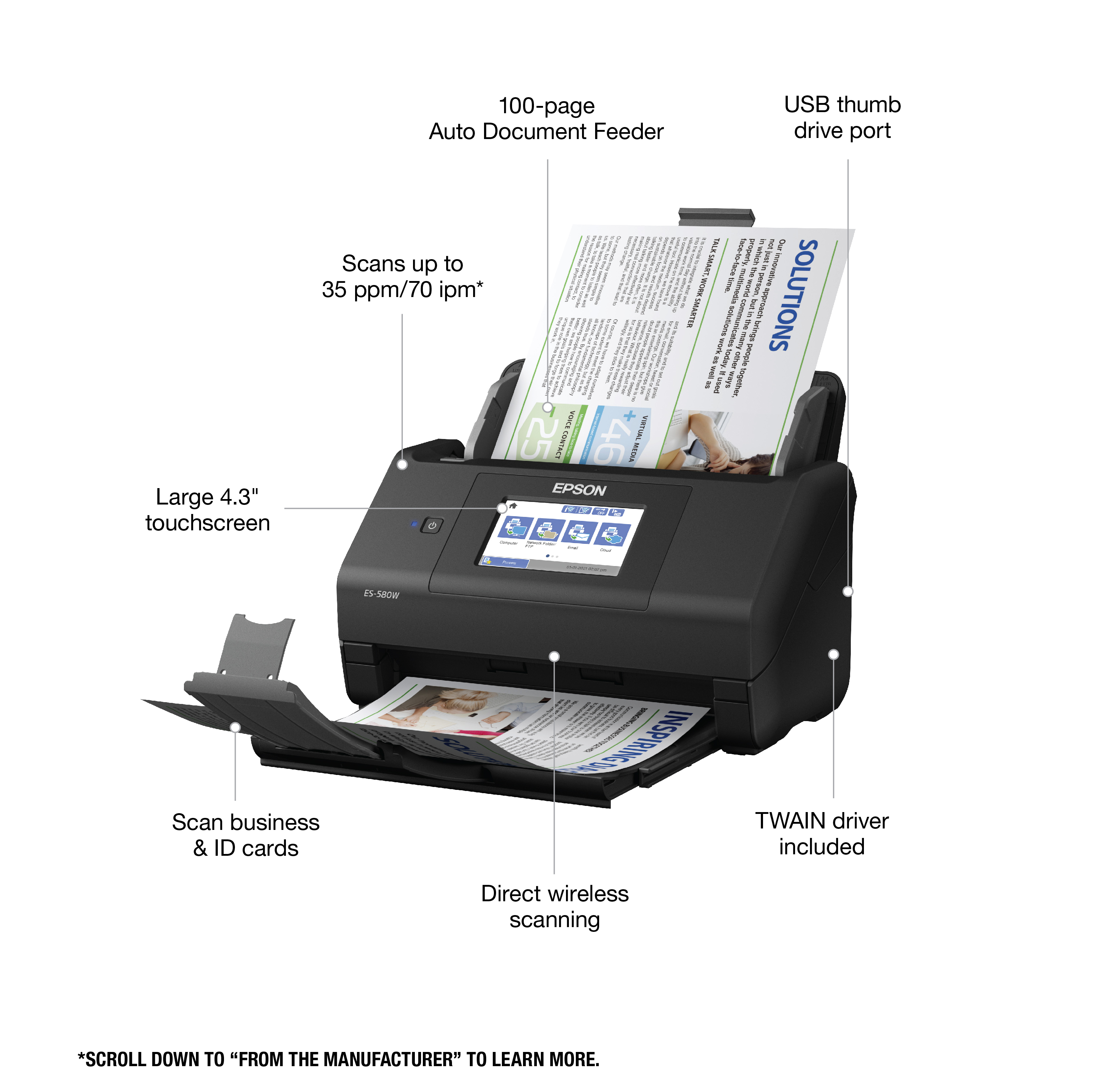 Epson WorkForce ES-580W Wireless Color Duplex Desktop Document Scanner for PC and Mac with 100-sheet Auto Document Feeder (ADF) and Intuitive 4.3" Touchscreen - image 3 of 8