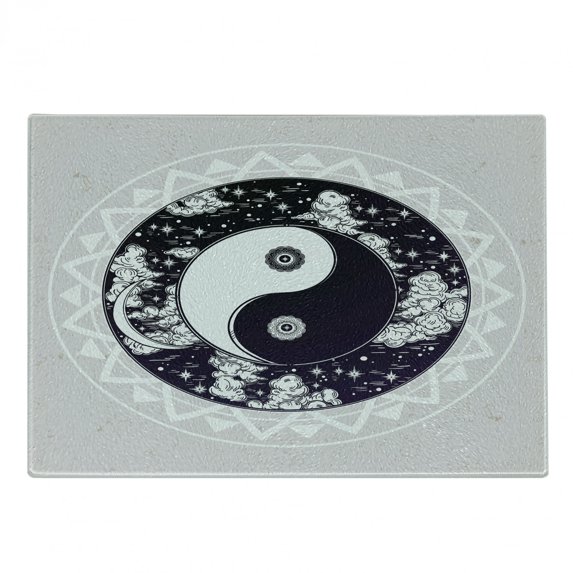 Mystic Cutting Board, Yin-Yang with Round Pattern Represents the Universe Boho Design, Decorative Tempered Glass Cutting and Serving Board, Small Size, Black White Beige, by Ambesonne