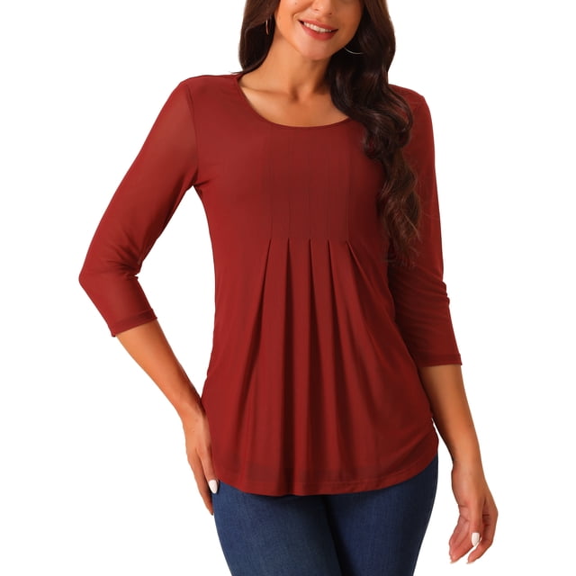 BLUSA TUNIC DE CUELLO REDONDO Y MANGA 3/4 PLEATADA CASUAL DE MUJER INSPIRE CHIC XL ROJO VINO