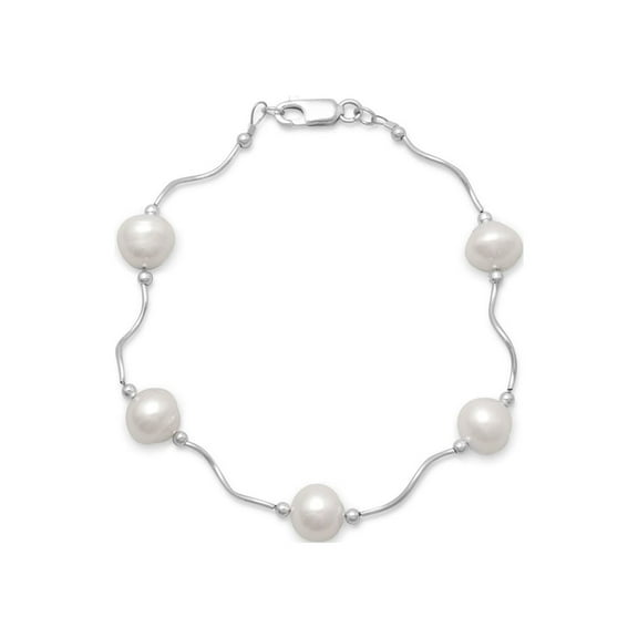 White Cultured Freshwater Pearl Wave Design Tube Bracelet Sterling Silver