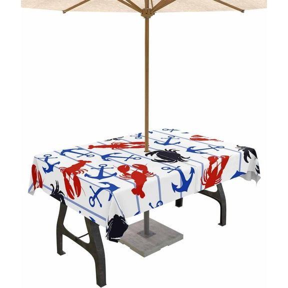 Outdoor Tablecloth with Umbrella Hole and Zipper Red Lobster Blue Crab Outdoor Tablecloths 60x102 Waterproof Table Cloths Nautical Anchor Patio Table Cloth Cover for Outdoor Tables Picnic Garden