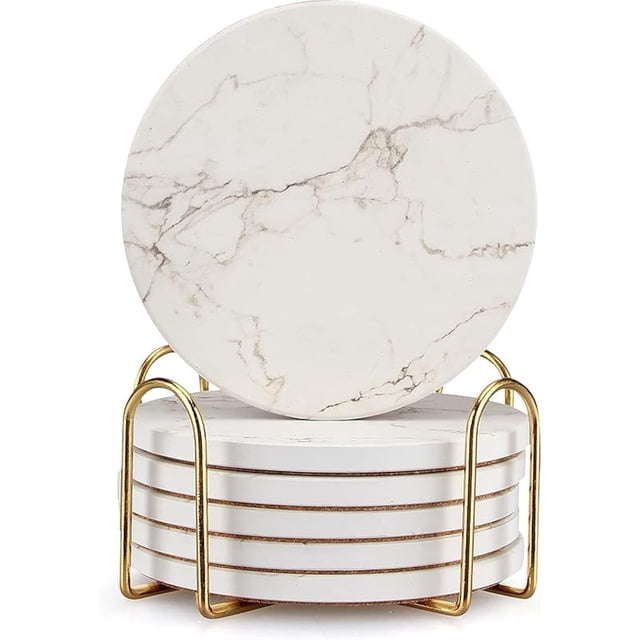 Set de 6 posavasos de cerámica efecto mármol blanco Deceram, 10 cm