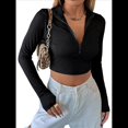 thumbnail image 3 of Tops Cortos de Larga para Mujer, Cuello Alto, de Cremallera, Ajustados, A . Negro L, 3 of 8
