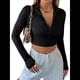 thumbnail image 3 of Tops Cortos de Larga para Mujer, Cuello Alto, de Cremallera, Ajustados, A . Negro XL, 3 of 8