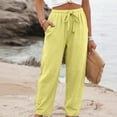 thumbnail image 3 of Linen Pants for Women Beach Vacation High Waist Elastic Drawstring Straight Leg Long Trousers with Pockets, 2XL, 3 of 7