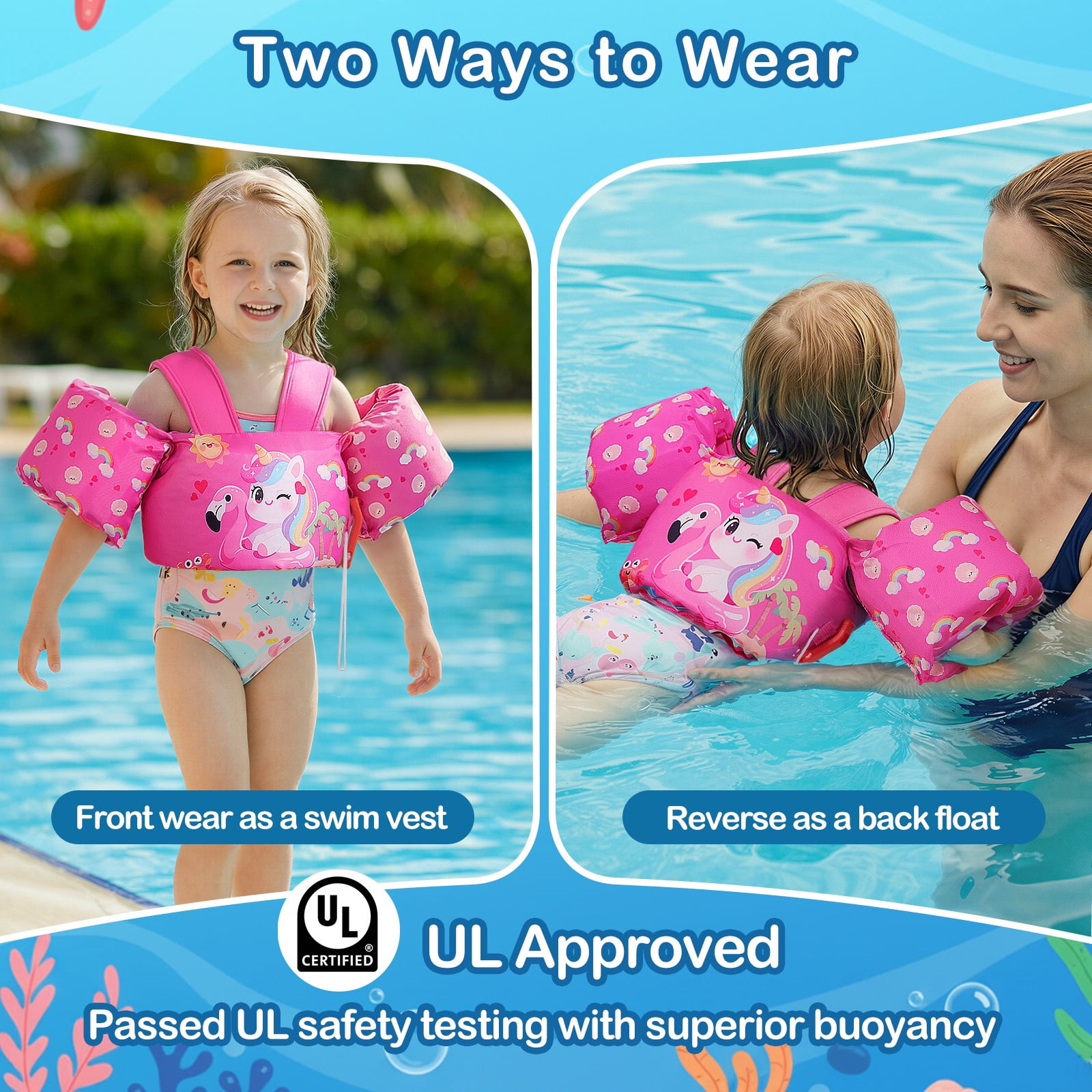 MoKo Kids Swim Vest with Armbands, Toddler Floaties 20-50 lbs, 2-7 Years Girls Boy, Deep Pink Unicorn