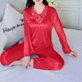 thumbnail image 4 of BLTIBY Women's Long Sleeve Satin Pajama Sets Lace Silky Ladies Button Down Loungewear Plus Size Nighty Pants Set Fashion Casual Red M, 4 of 8