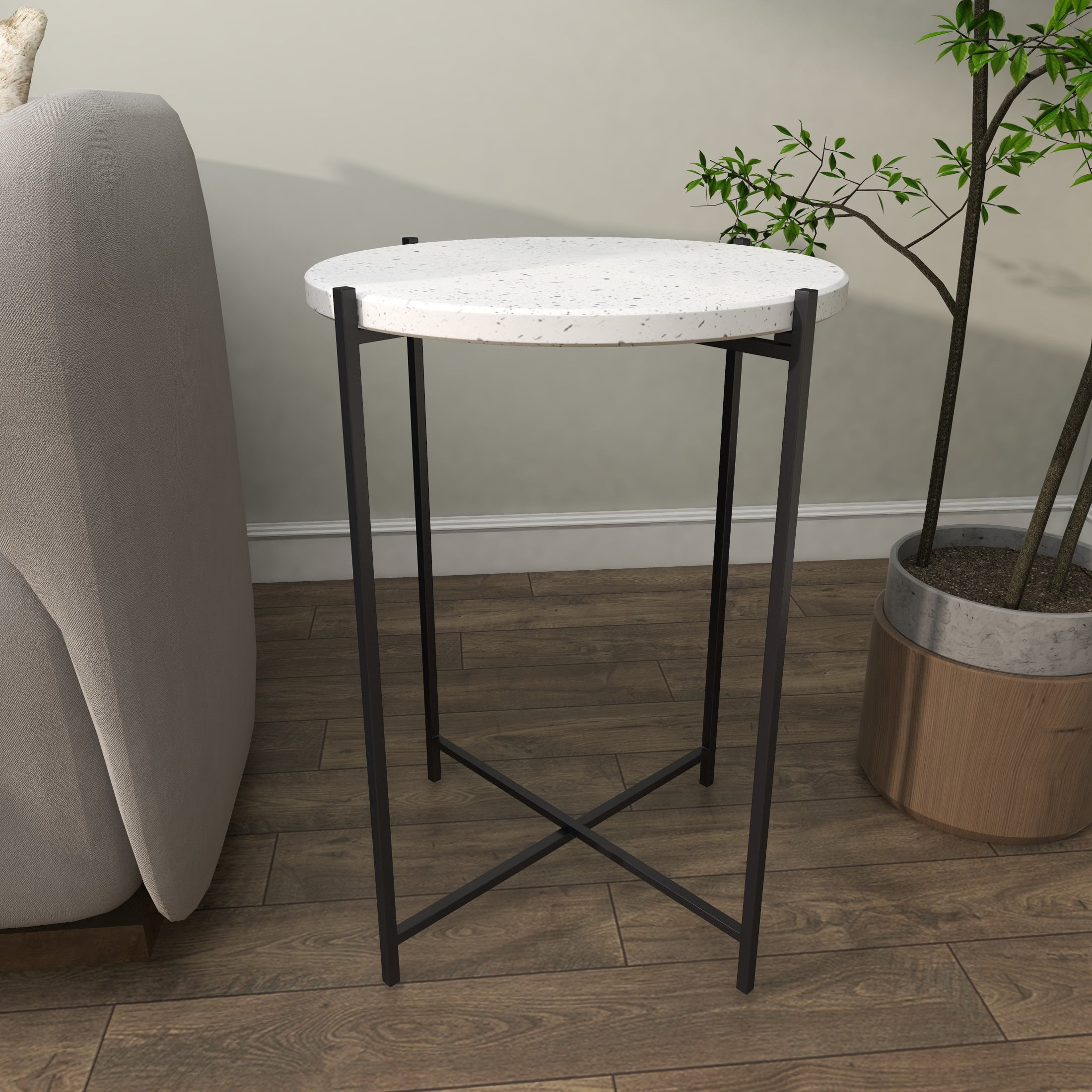 DecMode 18" x 24" White Terrazzo Stone Accent Table with Black Metal X-Stand, 1-Piece