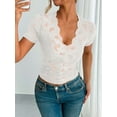 thumbnail image 5 of Mesh Top for Women Short Sleeve Crew Neck Fitted Top Solid Floral Lace Tee Shirts V Neck Sheer Blouses White S, 5 of 7
