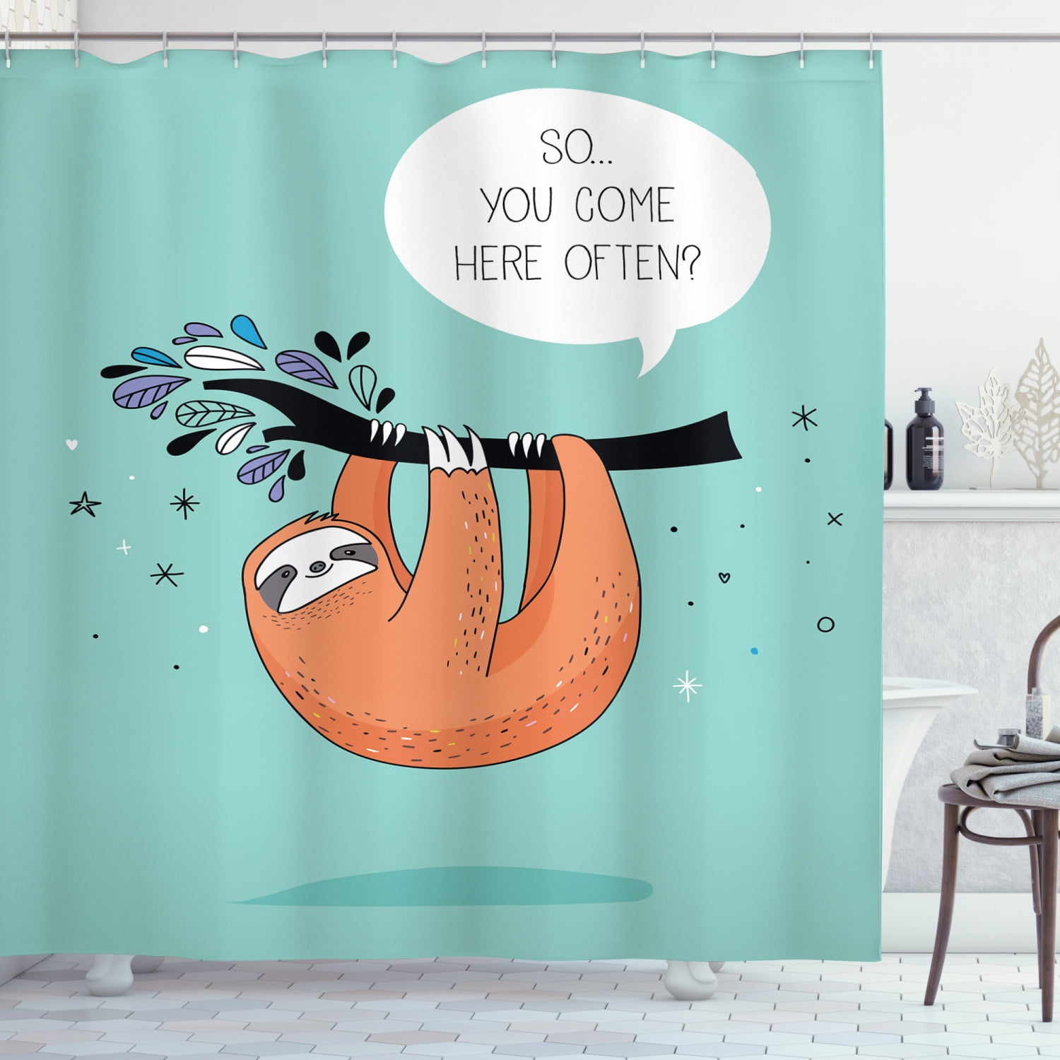 Waterproof Fabric Cartoon Sloth Set Music Shower Curtain Liner Bathroom Hook Mat 