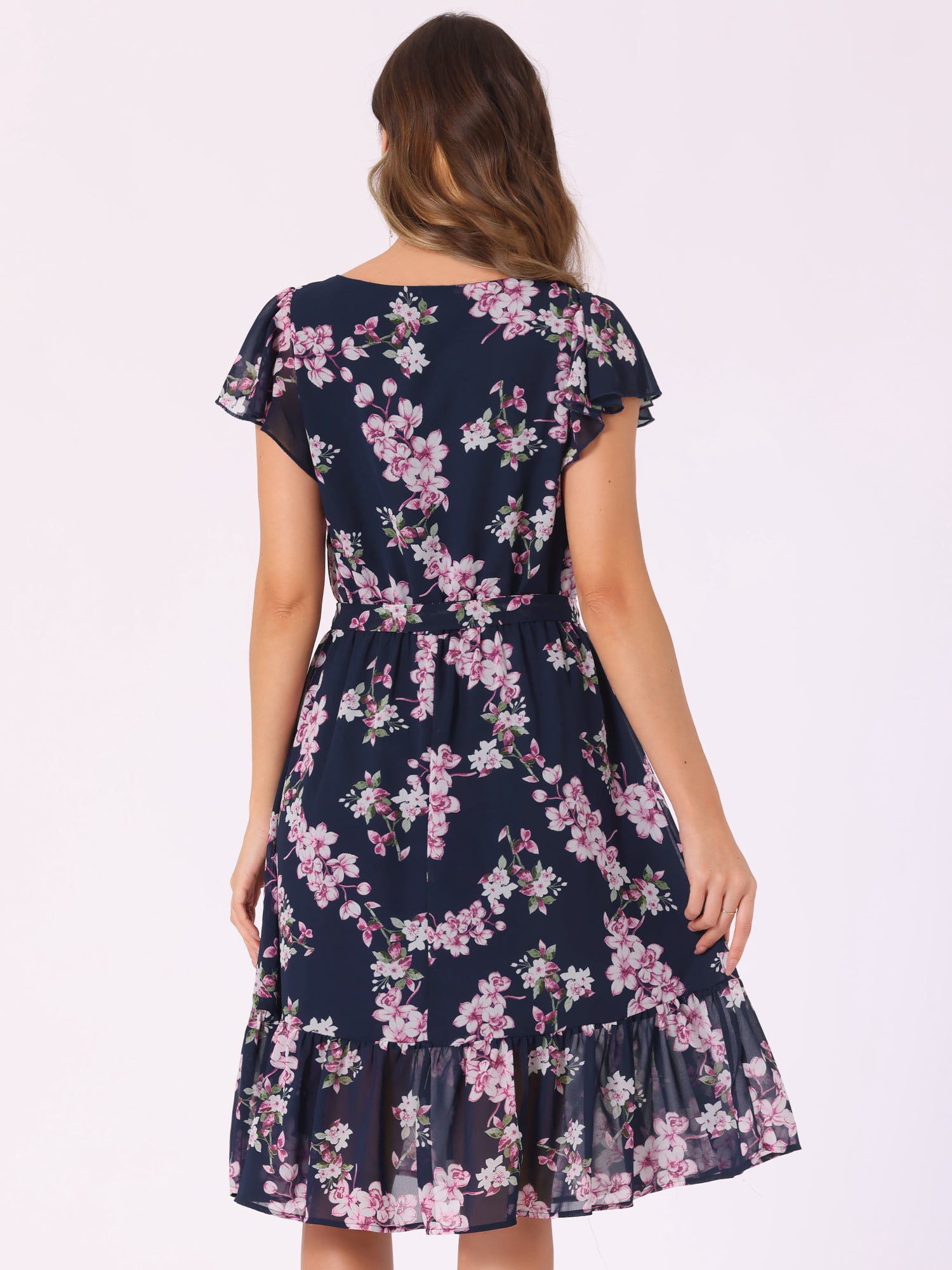 DARING DIVA Square Neck Flutter Sleeve A-Line Midi Dress M Blue Pink