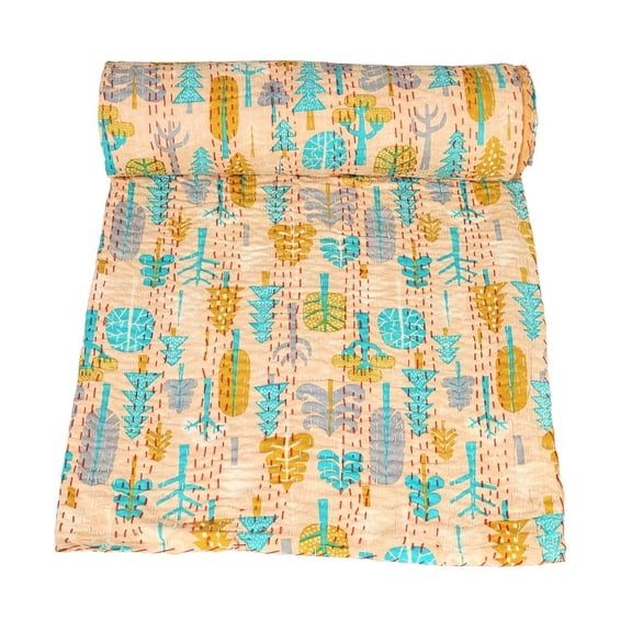 Indian Hand Black Print Kantha Quilt Throw Blanket Bedspread Hand Block Single Size Beige Floral Print