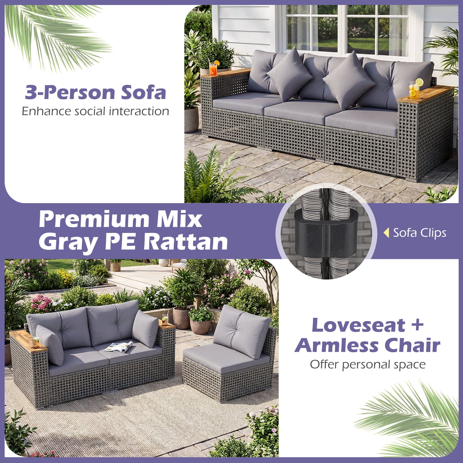 Costway Patio Wicker Sectional Furniture Set, 3 Piece Outdoor Couch Set for Garden Gray