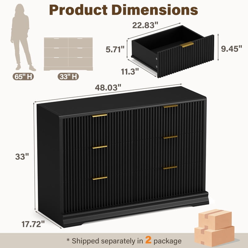 Lacoo 6 Drawer Fluted Dresser, Modern Ribbed Chest of Drawers with Gold Handles, Large Storage Dresser TV Stand for 50" TV
