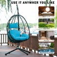 thumbnail image 3 of UHOMEPRO Outdoor Egg Chair, Patio PE Wicker Swing Egg Chair with Stand, Cushion and Headrest, All-Weather Rattan Hanging Basket Chair Hammock Chair for Home Bedroom Patio Balcony, Light Blue, 3 of 7