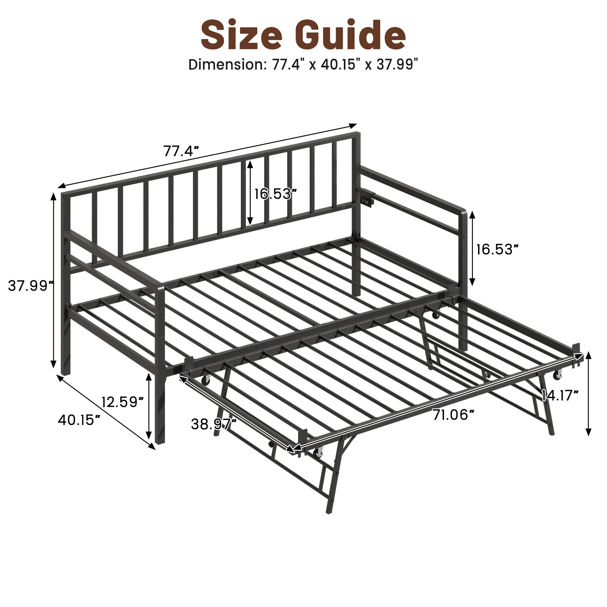 DEALTOPS Twin Daybed with Trundle, Metal Day Bed Frame with RGB LED Lights & Charging Station, Black