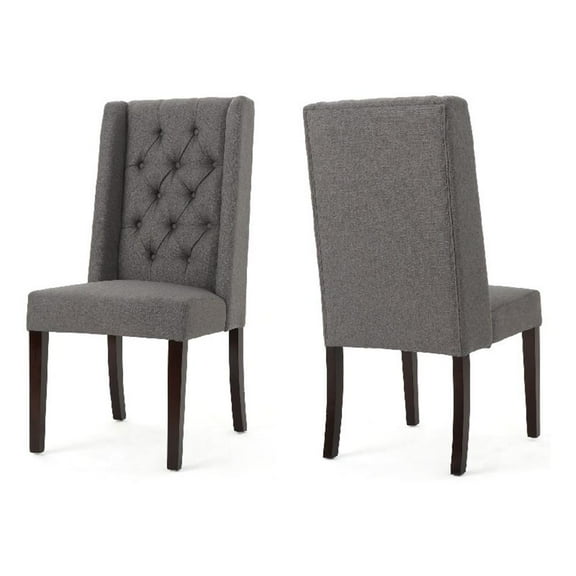 Nathan Dining Chair Set of 2- Dark Brown Wood- Tufted Gray Wingback