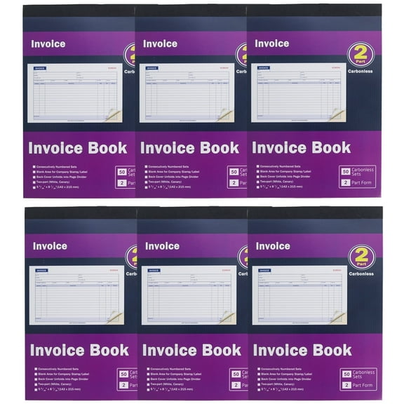 Invoice Book 2-Part Carbonless Form Horizontal Sales Slip Features a Wraparound Cover 5-9/16 x 8-7/16 inches 50 Sets per Book(6 Pack)