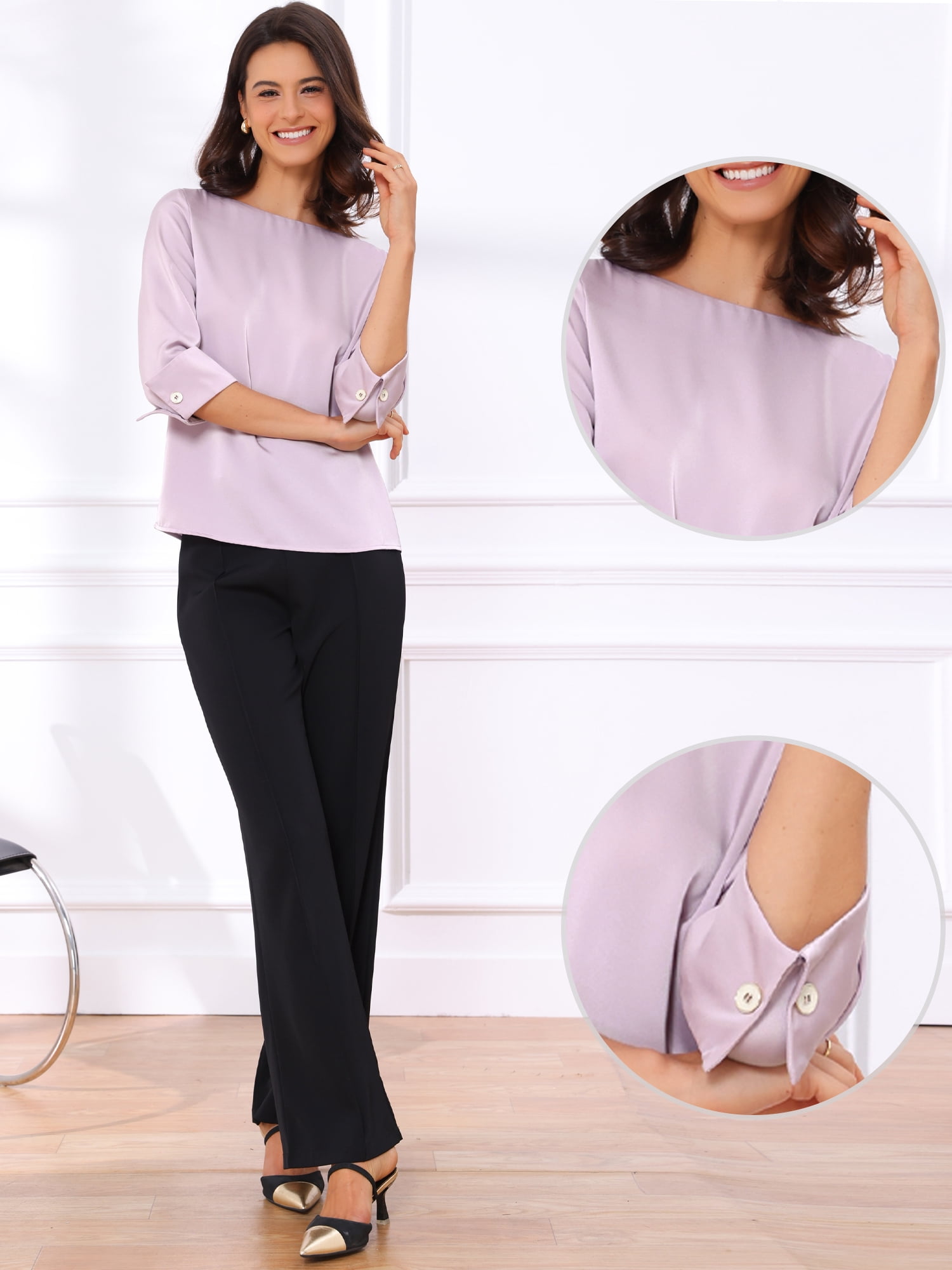 DARING DIVA Women's Satin Boat Neck 3/4 Sleeve Business Shirt XS Purple