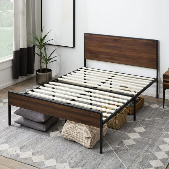 Edenbrook Carson Metal Platform Bed Frame with Wood Headboard and Footboard-Box Spring Optional, King, Brown Oak
