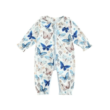 

Wassery Infant Baby Girls Romper Long Sleeve Crew Neck Jumpsuit Butterfly Floral Print Zipper Footies Bodysuit Casual Fall Outfit 0-24 Months