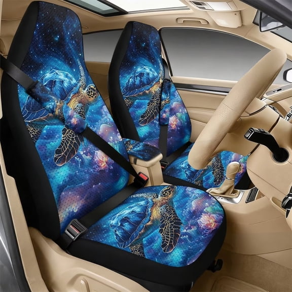 Xoenoiee Galaxy Turtle Flower Print 5 PCS Automotive Seat Covers for Cars Trucks and SUVs, Car Seat Covers for Front Seats, Seat Belt Pads and Center Console Cover, Leather Auto Interior Covers