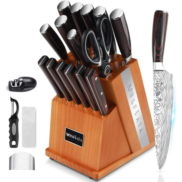 MOSFIATA Knife Set-21Pcs Kitchen Knife Set with Detachable Knife Holder & Sharpener, German High Carbon Stainless Steel Chef Knife Set with Handle Colored Wood