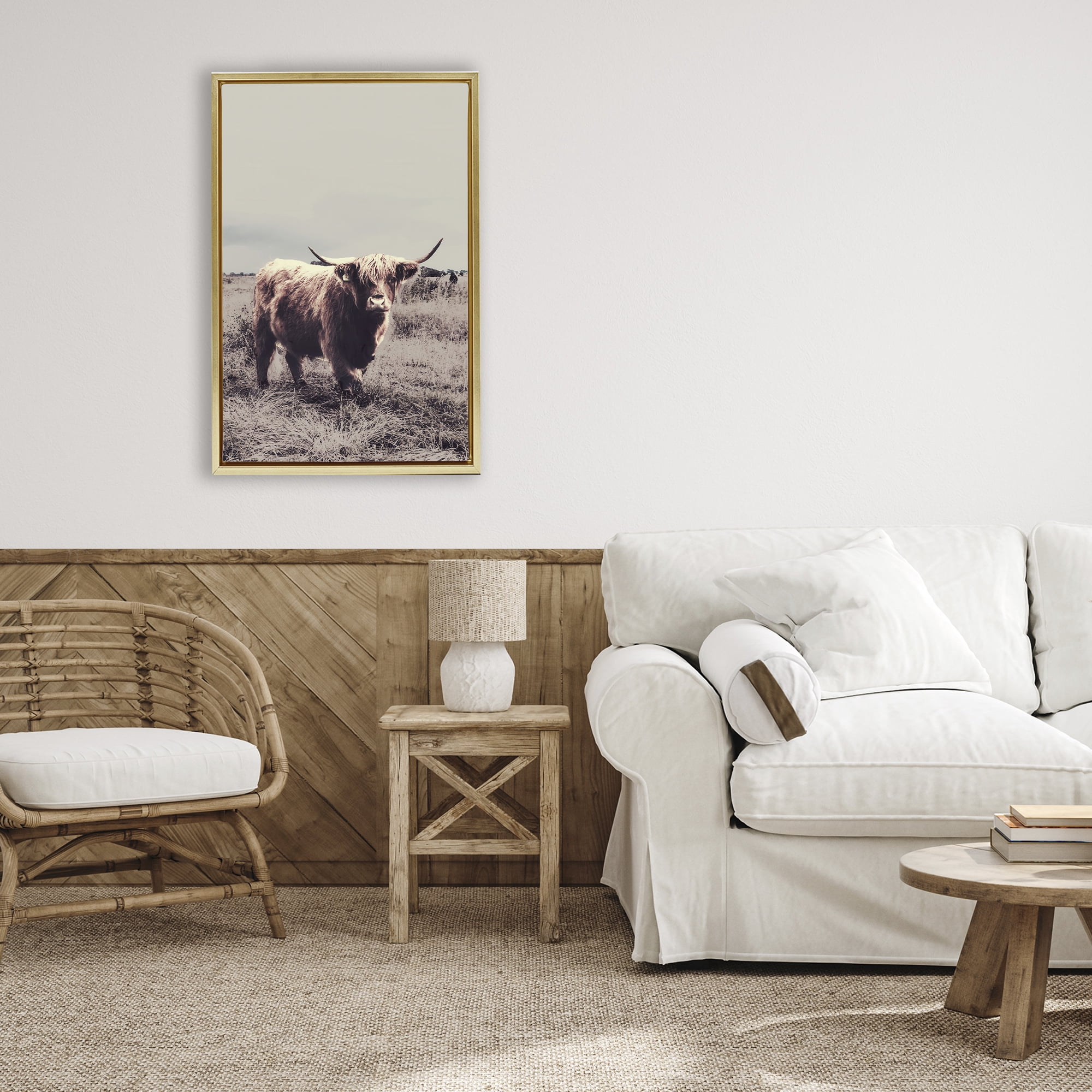 Stupell Industries Horned Cattle in Pasture Gold Framed Floater Canvas Wall Art, design by SD Graphics Studio